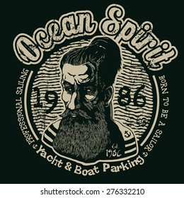 Design t-shirt Ocean Spirit. Professional Sailing with sailor old salt and vintage fonts. vector illustration. 