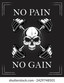 Design T-shirt or Poster No Pain No Gain! With Bodybuilder with a mustache. Retro Engraving Linocut Style. Vector Illustration.