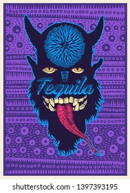 Design T-shirt or Poster Tequila with the devil, blue agave and folk ornament. Vector Illustration.