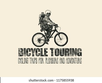 Design T-shirt Print Bicycle Touring. Mountain Bike Rider And Hand-Written Fonts. Vector illustration.