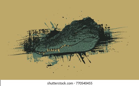 Design t-shirt print with crocodile head and grunge texture. vector illustration.