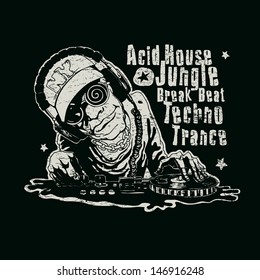 Design for t-shirt print with DJ with headphones and  the words Acid House, Jungle, Break Beat, Techno, Trance. vector illustration. grunge effect in separate layer. 