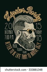 Design t-shirt print "Hipster Party" with hipster and fonts. vector illustration.