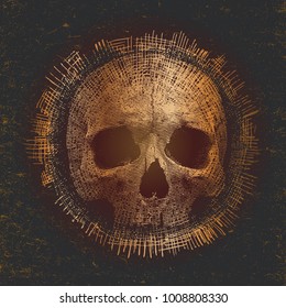 Design T-shirt Print With Old Pirate Skull Rusty With Metallic Luster and Textures. Vector Illustration. 