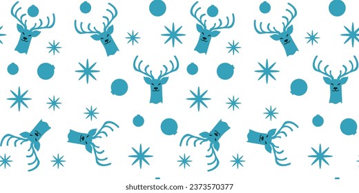 Design t-shirt print with Reindeer seamless pattern. Blue Deer silhouette, Christmas ball, snowflakes on white with big horn. Vector illustration. Christmas wrapping paper. 