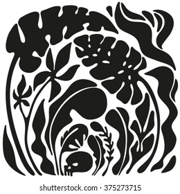 Design for t-shirt print with skull and leaves. Vector silhouette illustration . 
