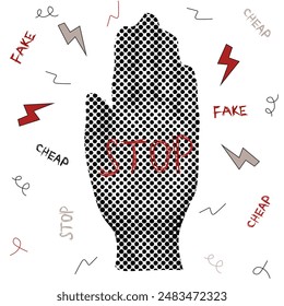 Design t-shirt print in trendy Halftone effect style. Template for cloth decor isolated transparent background. Stop cheap fake concept. Nostalgia vector illustration design. EPS 10