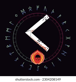 Design for a t-shirt of the runic letter called Kenaz next to a burning skull. Runic alphabet for posters.