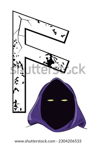 Design for a t-shirt of the runic letter called Ansuz next to a Viking skull. Hooded character with glowing eyes isolated on white . Runic alphabet for posters.