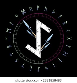 Design for a t-shirt with runic lettering called Eithwaz next to a pair of spears isolated on black. Runic alphabet in circular design.
