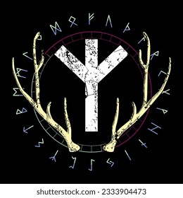 Design for a t-shirt with the runic lettering called Algiz next to elk horns. Ancient alphabet in circular design.