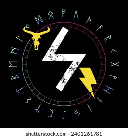 Design for a t-shirt with runic letters called Sowilo along with a horned animal and a thunderbolt symbol. Ancient alphabet in circular design