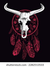 design for t-shirt of the skeleton of an animal with horns on a dream catcher isolated on black. Extinct animal called aurochs