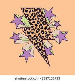 Design for t-shirt of the symbol of thunder with animal print surrounded by stars on a pink background. Vector illustration for the textile industry.