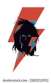 Design for a t-shirt with the symbol of thunder and the face of a rock musician from the eighties. glam rock poster