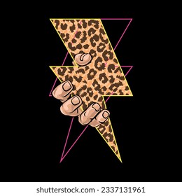 Design for t-shirt of the symbol of thunderbolt with animal print and a hand. Vector illustration for the textile industry.