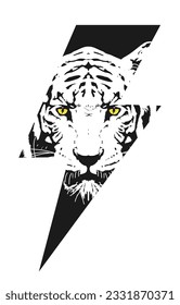 Design for t-shirt of the symbol of thunderbolt with the head of a tiger. Vector illustration of wildlife and fashion.