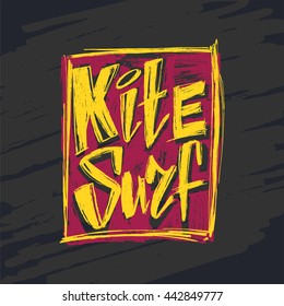Design t-shirt with tag kitesurf.  hand drawn Kite surfing school emblem design. vector illustration.