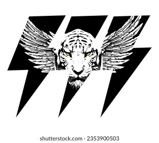 Diseño para camisetas con cara de tigre con alas junto a tres símbolos de trueno. Fantástica ilustración de la música rock.