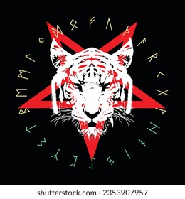 design for t-shirt of tiger head over demon star and runic alphabet. vector illustration about satanic rites.