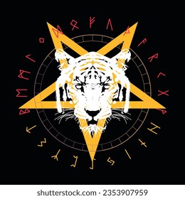 design for t-shirt of tiger head over demon star and runic alphabet. vector illustration about satanic rites.