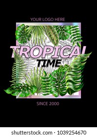 Design for t-shirt with tropical leaves and holographic frame