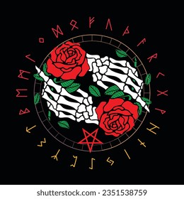 Design for t-shirt with two corpse hands and red roses on a black background. Runic alphabet in circular design.