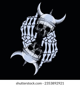 design for t-shirt with two viking skulls and bony hands. symmetrical satanic theme illustration