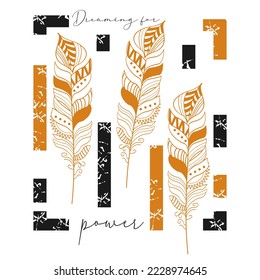 design for t-shirt with vector feathers and geometric figures on a white background