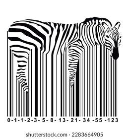 design for t-shirt of a zebra mixed with a barcode. finbonacci code numbering