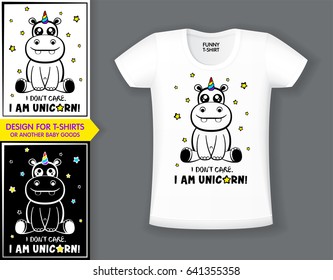 Design t-shirts with cute hippo - magical unicorn for print, 