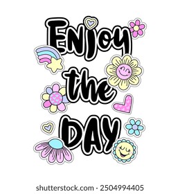 Design for t-shirts with cute stickers and slogan. Lettering word and badges for girl. Fashion illustration in modern style for clothes on white background.