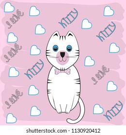 Design T-shirts for girls, children, fashionable cute clothes. Original calligraphic design. Text composition "I love a kitten". Pink background with hearts. Vector illustration for print.