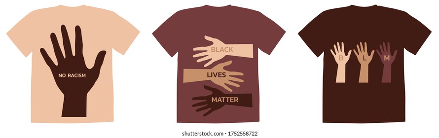 Design of t-shirts with inscriptions and a mix of many hands of different skin colors. Stop, no racism. Black lives matter protests concept