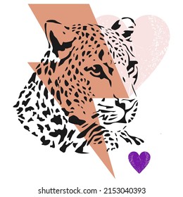 Design for t-shirts of a leopard head next to the sign of lightning and a heart. Vector illustration for fashion