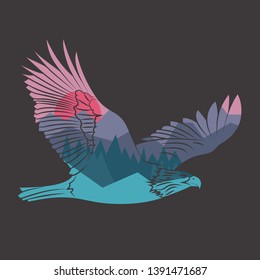 Design t-shirts on the theme of mountains and adventure. Vector illustration of an eagle with double exposure.