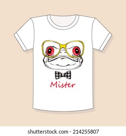 Design t-shirts. Print on a white background. Portrait of a frog with glasses and a bow tie. Vector illustration