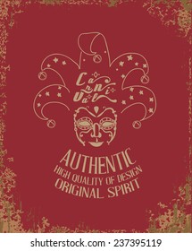 Design T-shirts with venetian mask, clown face in grungy style. Mardi gras.