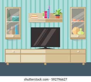 Design TV zone in a flat style. Interior living room with furniture, tv and shelf. Vector illustration