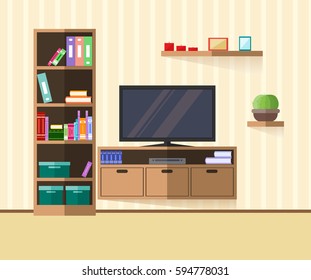 Design TV zone in flat style. Interior living room with furniture, tv and shelf. Vector illustration