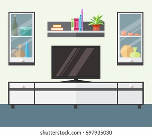 Design TV zone in a flat style. Interior living room with furniture, tv and shelf. Vector illustration