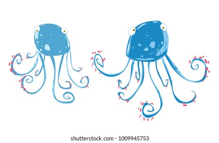 Design of two blue octopuses in graphic style. Vector cartoon illustration.