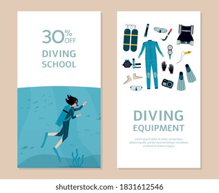Design of two cards or certificates for scuba diving school with diving equipment. 30 percent off underwater sport, summer leisure or hobby. Vector flat Illustration.