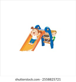 Design of two children playing on a slide and a white background