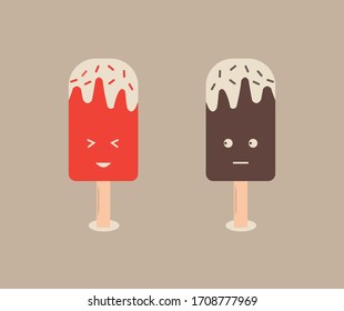 design two cute cartoon ice cream one of the ice cream see the other ice cream and the ice cream that is seen laughing