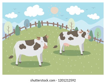 The design of two dairy cows on the farm and a natural environment.