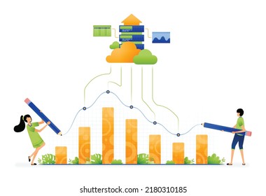 Diseño de dos empleados dibuja gráficos y carga datos para procesarlos en la base de datos en la nube como resultado del informe. Ilustración de páginas de inicio sitios web afiches de aplicaciones móviles anuncios en redes sociales etc