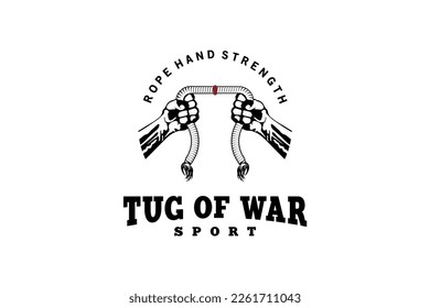 Design of two muscular arms fighting each other with a rope for tug of war sport logo