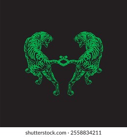 Design of two tigers in green and black background