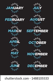 Design of typographic font of the twelve months against a black background. Flat isolated vector illustration.